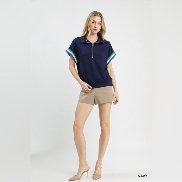 Umgee Zip Front Casual Top with Contrast Stripe Trim - Picture 2 of 6